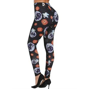Halloween ✦ High-Waisted Stretch Leggings ✦ Pumpkins Ghosts Stars Print Black L